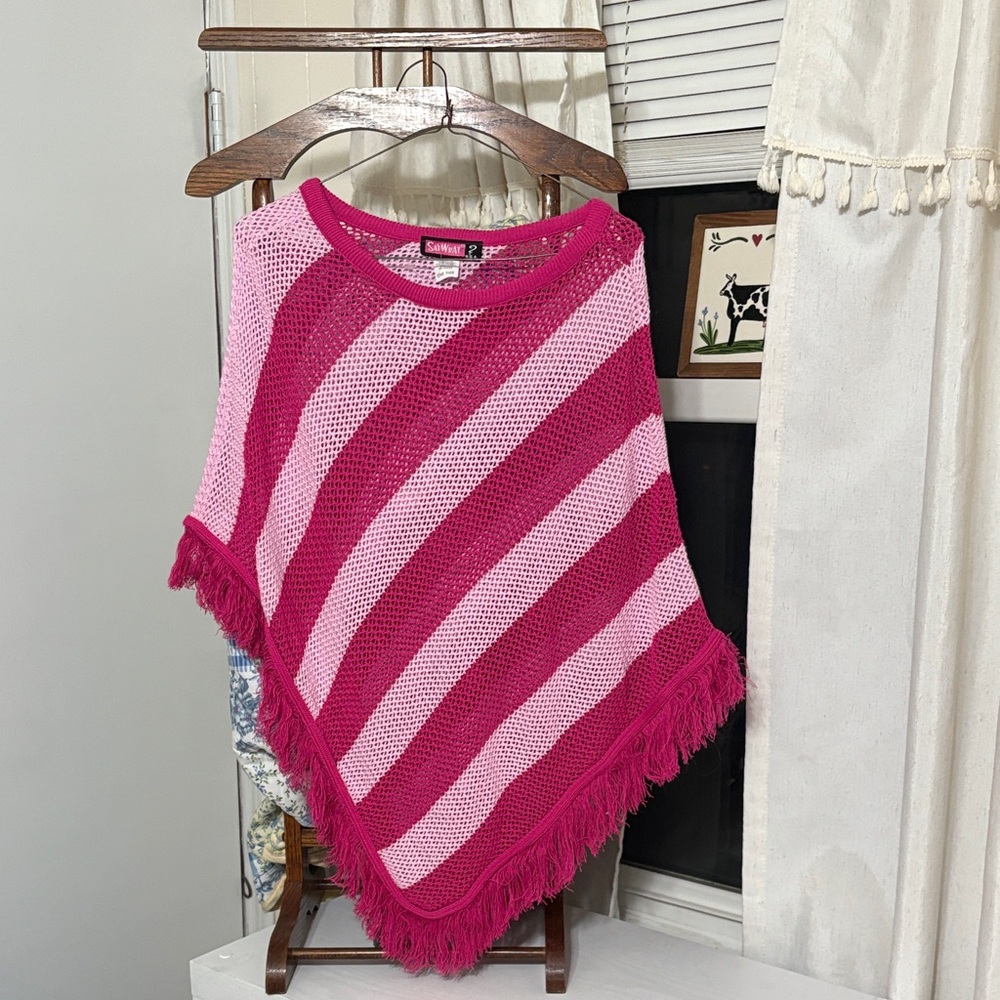 Stylish Pink Striped Poncho with Fringe